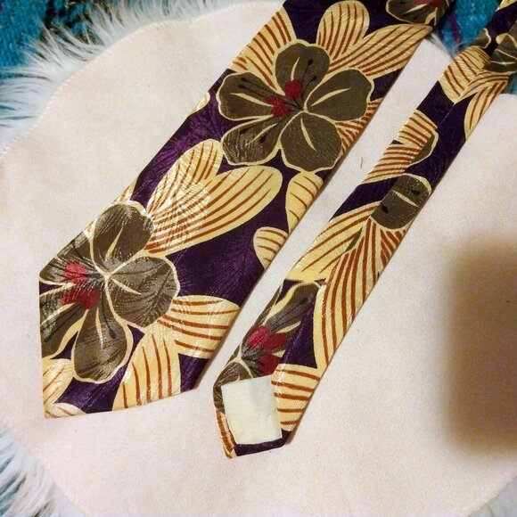 Cellini Other - Cellini Tropical Floral Statement Tie Purple Gold Retro 70s Revival Print Artsy